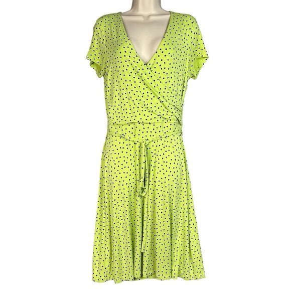Lands End Dress Womens Jersey Knit Small 6-8 Surplice Faux Wrap Green Polka Dots - Picture 1 of 15